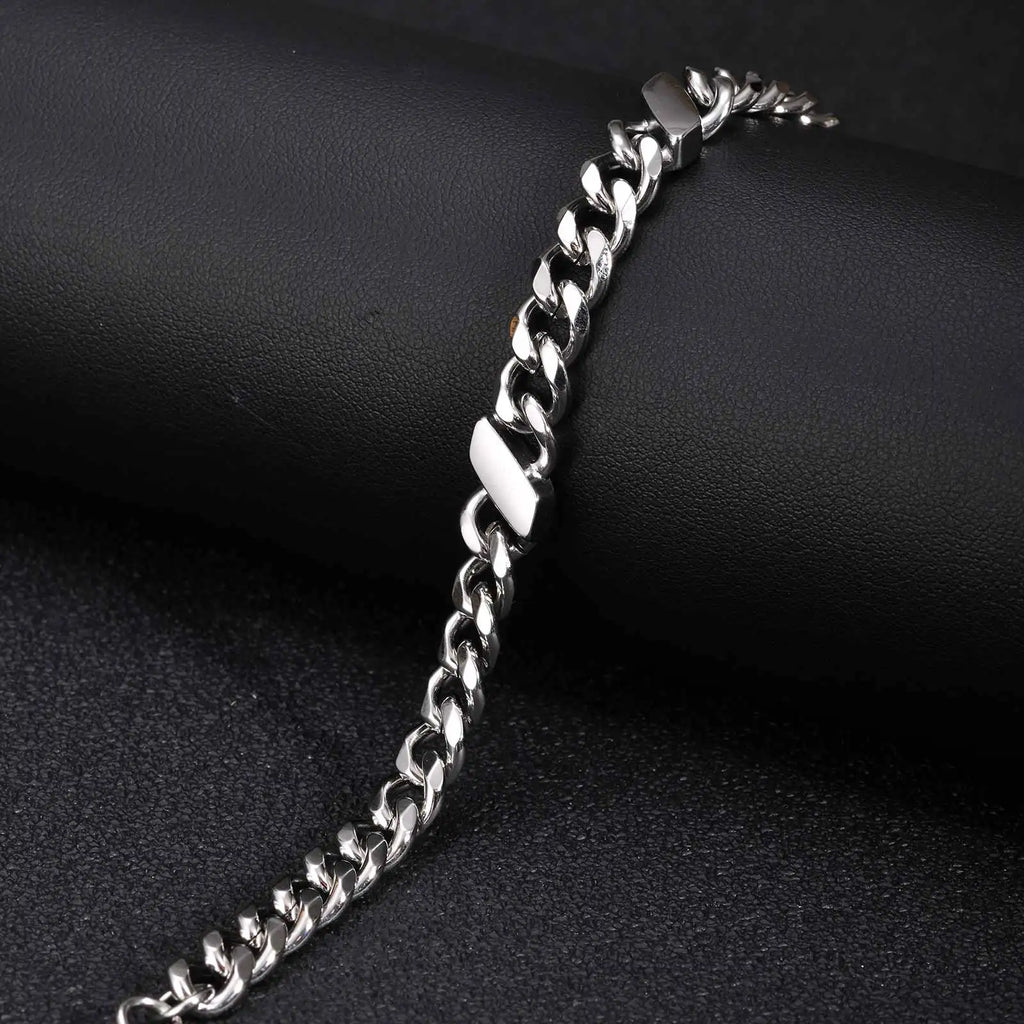 Stainless Steel Angled Rectangle Link Bracelet for Men Women, Silver Color Cuban Chain, Hih Pop Punk Jewelry Gift