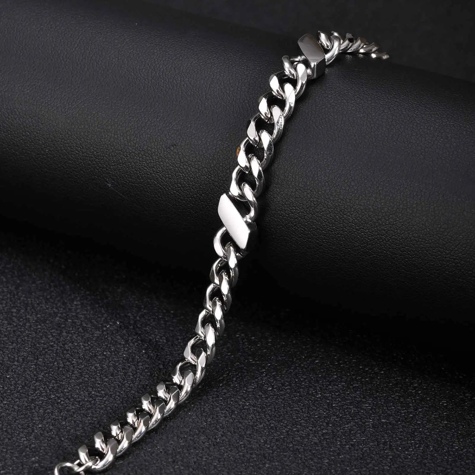 Stainless Steel Angled Rectangle Link Bracelet for Men Women, Silver Color Cuban Chain, Hih Pop Punk Jewelry Gift