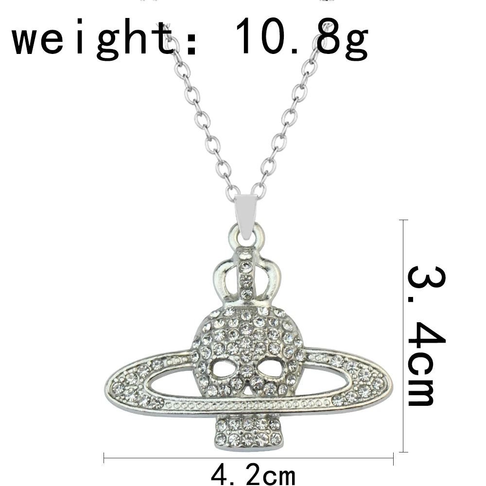 Fashion Rhinestone Skull Cross Saturn Couples Chain Silver Color Metal Necklace Punk Women Men Party Jewelry Gifts