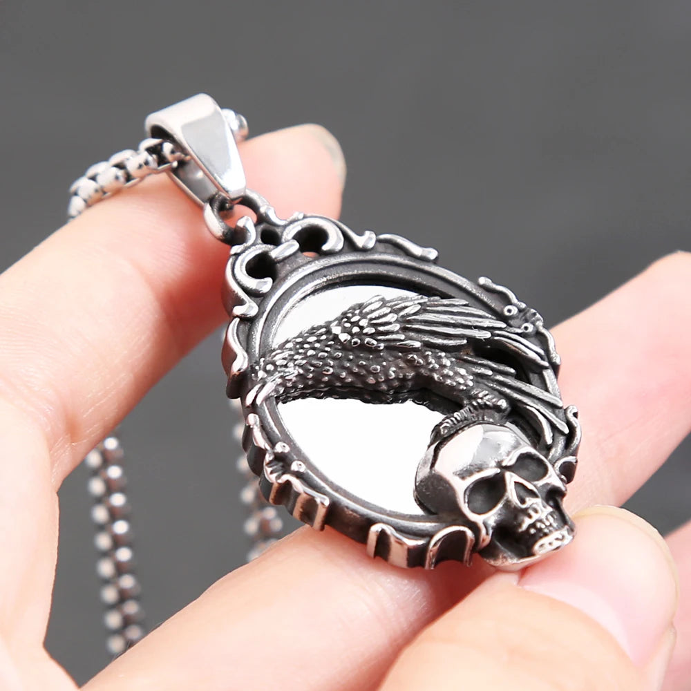 Gothic Crow Skull Stainless Steel Pendant Necklace