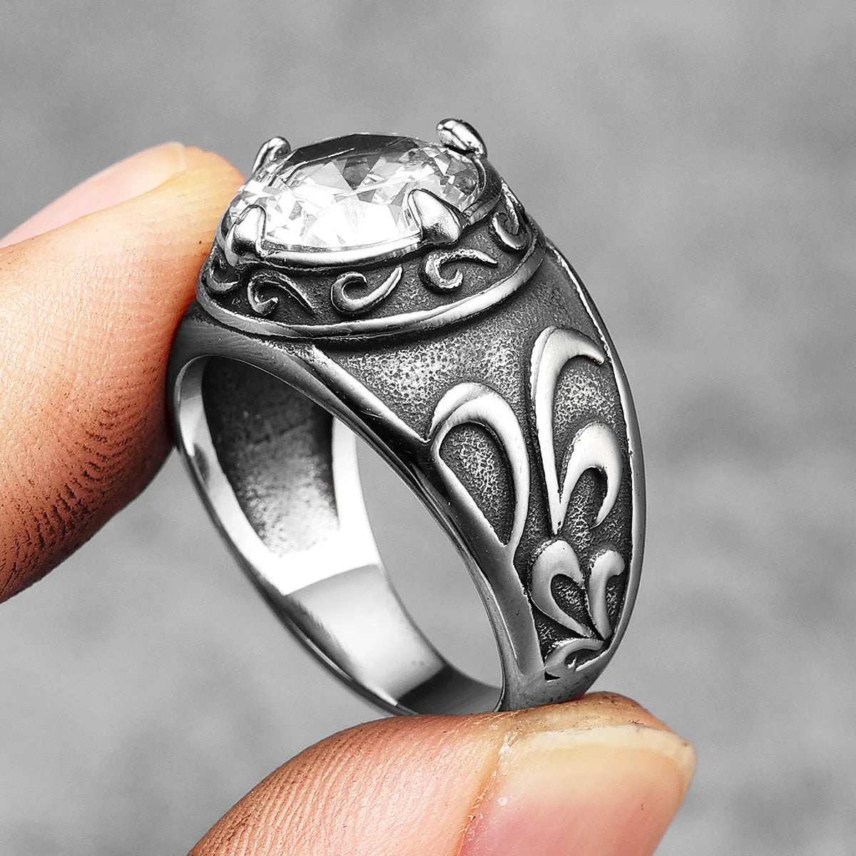 Gemstone Carved Ring — Stainless Steel