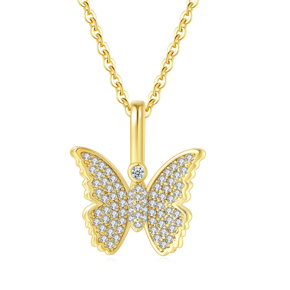 Iced Out Butterfly Pendant Necklace Stainless Steel