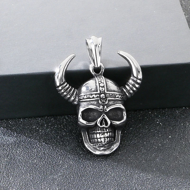 Gothic Bull Horn Skull Pendant Necklace — Stainless Steel