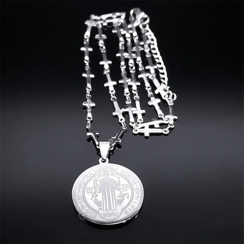 Catholic Saint Benedict Medal Stainless Steel Necklace for Women Men Gold Color Jesus Cross Chain Jewelry san benito