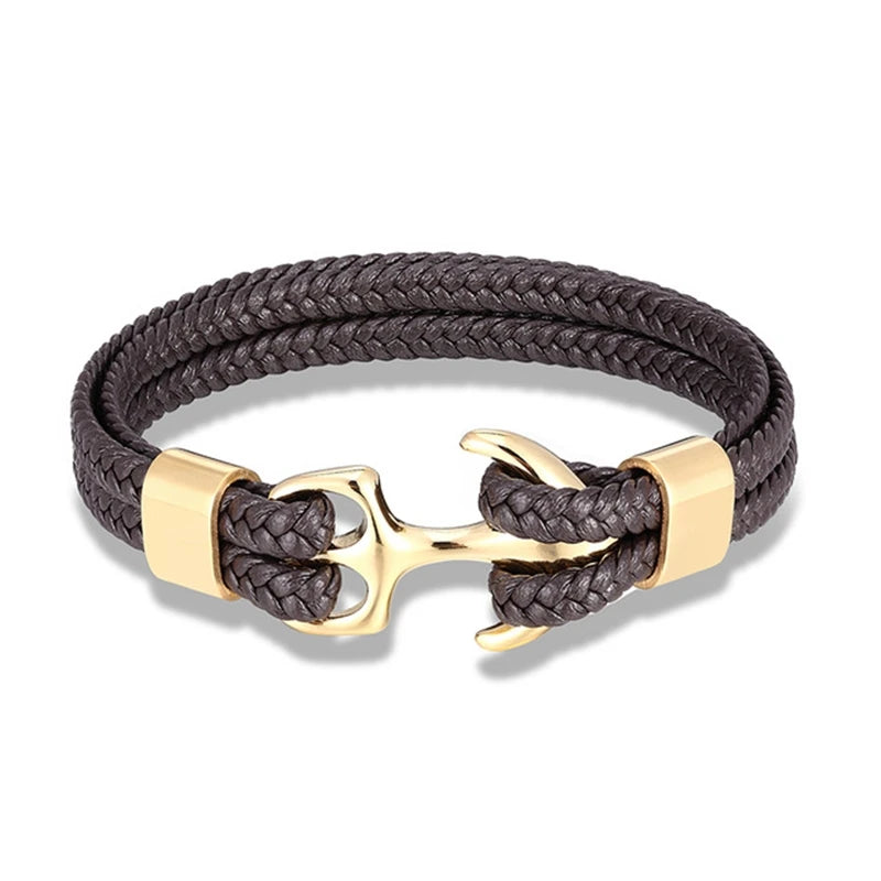 Nautical Anchor Woven Leather Bracelet — Stainless Steel Buckle