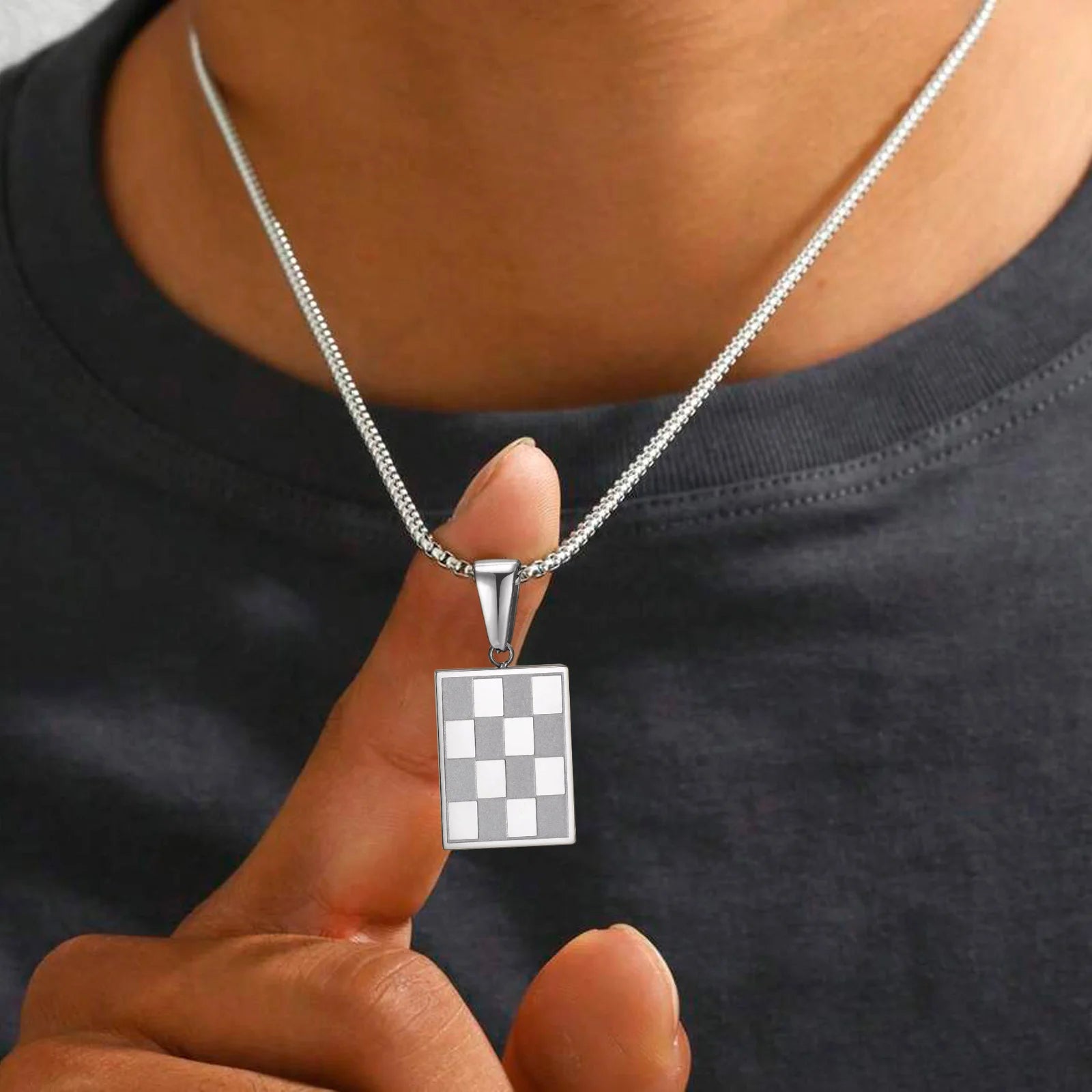 Checkered Square Pendant Necklace — Stainless Steel