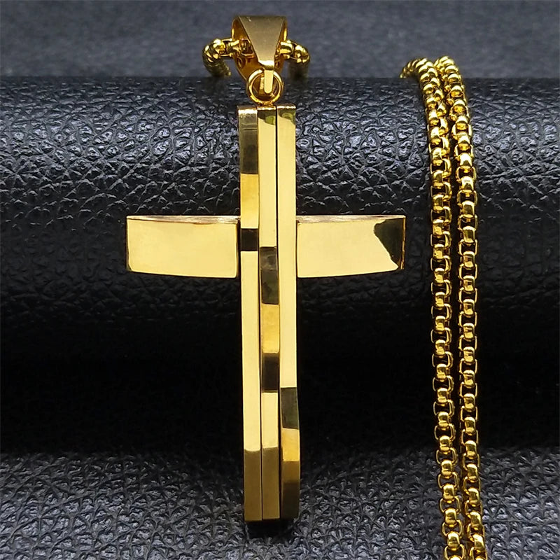 Male Punk Cross Pendant Necklace for Women Men Stainless Steel Gold Color Jesus Chain Biker Boyfriend Gift Jewelry