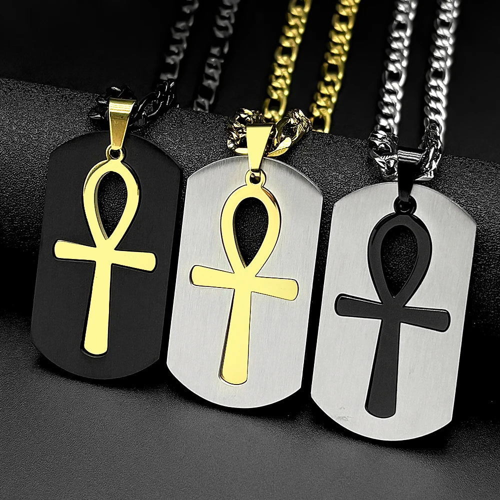 Egyptian Removable Ankh Cross Hollow Dog Tag Pendant Necklaces for Women Men Stainless Steel Egypt Two-Tone Chain Jewelry Gift