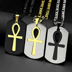 Egyptian Removable Ankh Cross Hollow Dog Tag Pendant Necklaces for Women Men Stainless Steel Egypt Two-Tone Chain Jewelry Gift