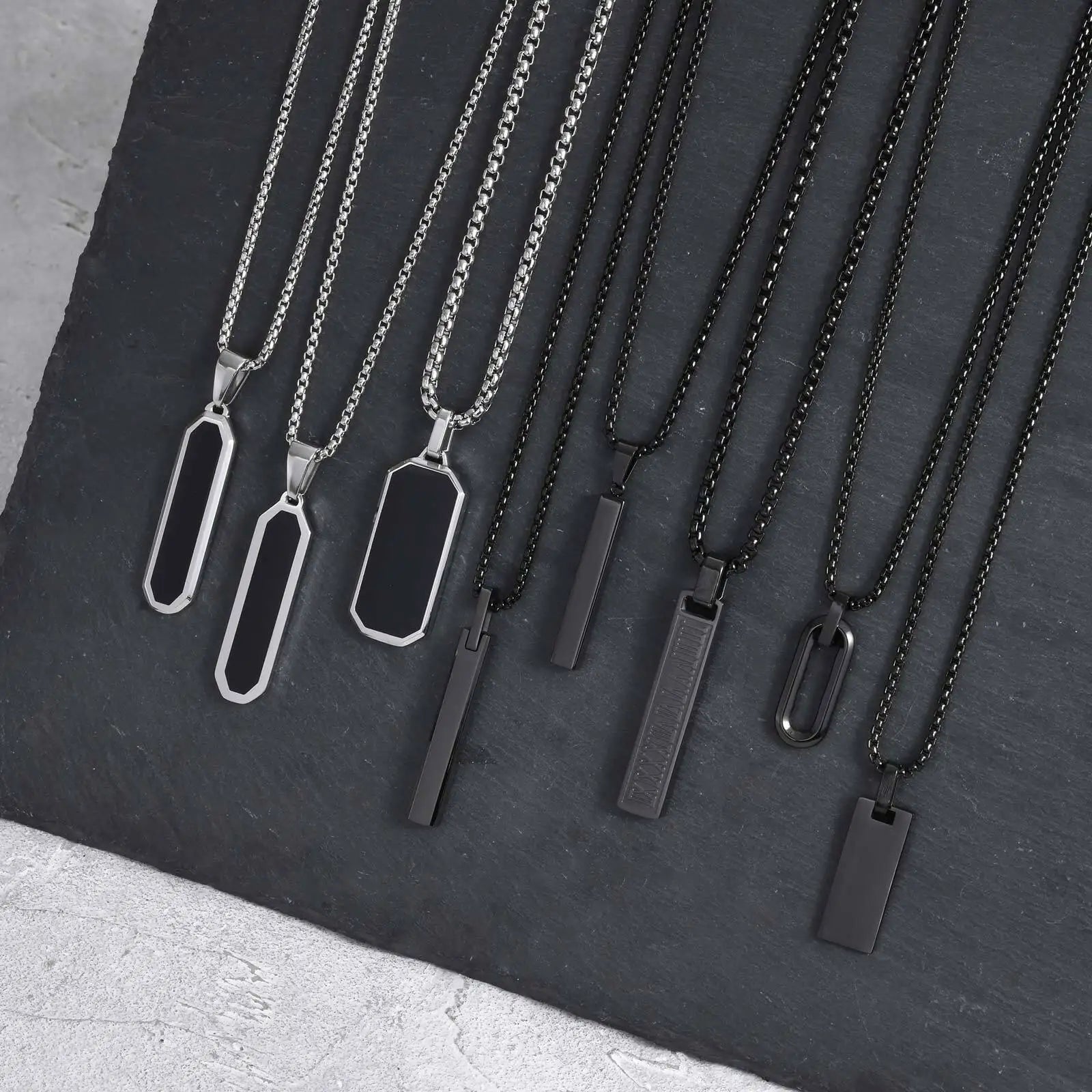 Vnox Stainless Steel Vertical Bar Necklaces for Men Boys, Black Simple Metal Pillar Pendant, Casual Neck Collar