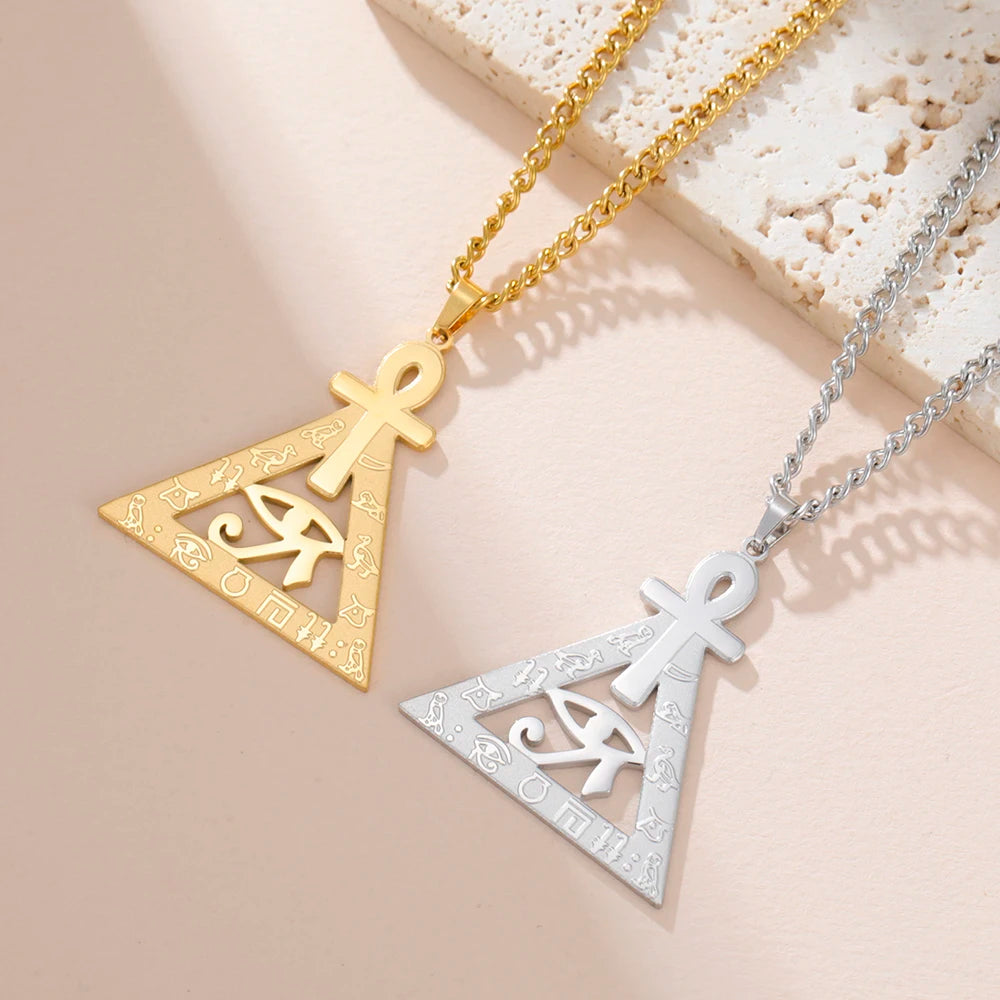 Ankh Cross Eye of Ra Necklace Egyptian Hieroglyphs Pyramid Pendant for Men Women Stainless Steel Spiritual Protection Jewelry