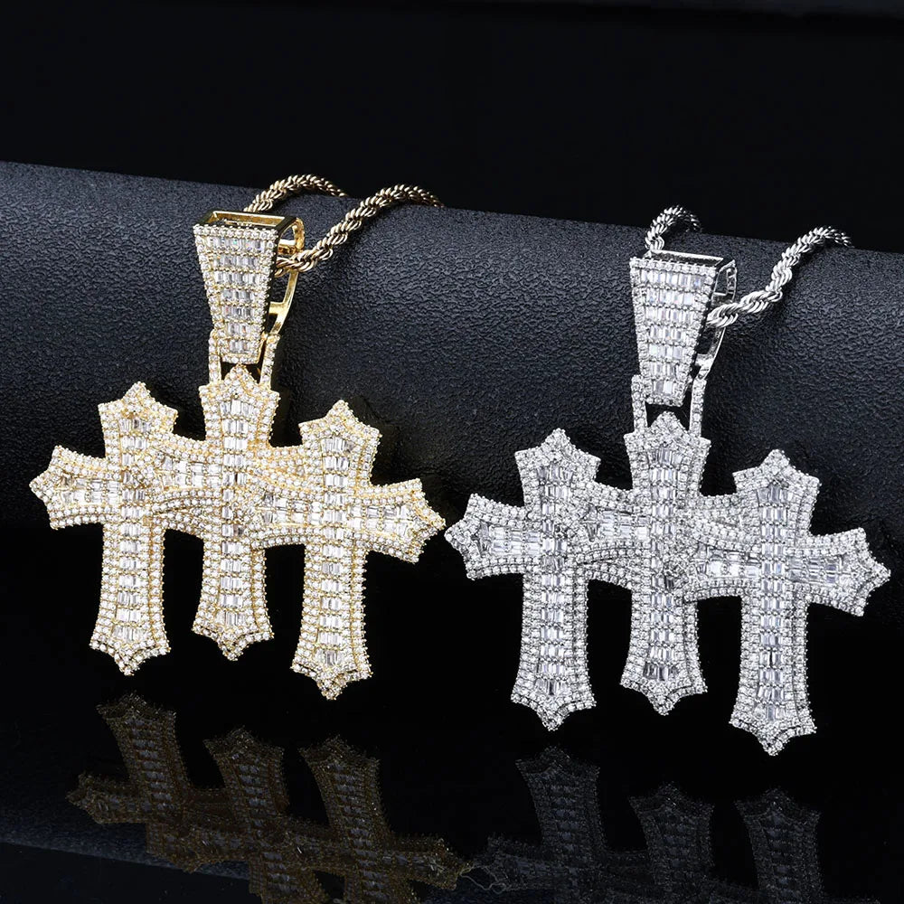 Two-Tone Cross Pendant Baguette Iced Out
