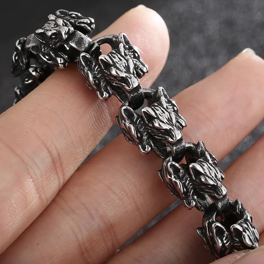 Gothic Stainless Steel Bracelets Man 12MM Wide Wolf Head Link Chain Bracelet for Men Wrist Strap Punk Nordic Viking