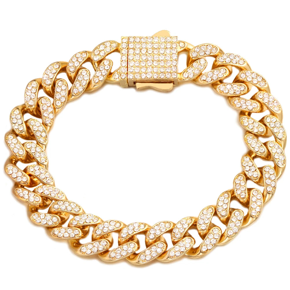Luxury Iced Out Cuban Chain Bracelet for Men Women, Gold Color Rhinestone Link Wristband, Hip Hop Street Jewelry Gift