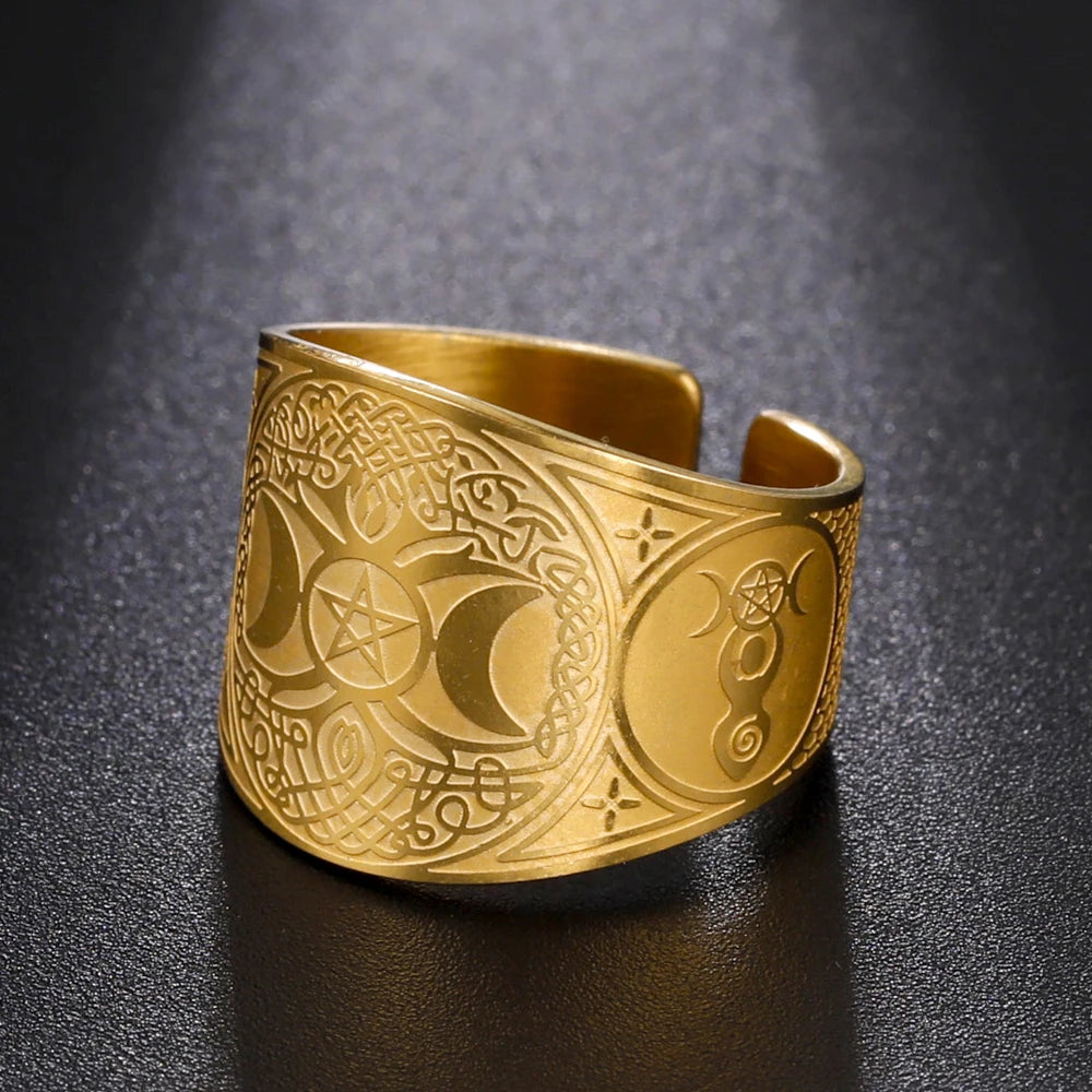 Triple Moon Pentagram Tree of Life Ring — Stainless Steel