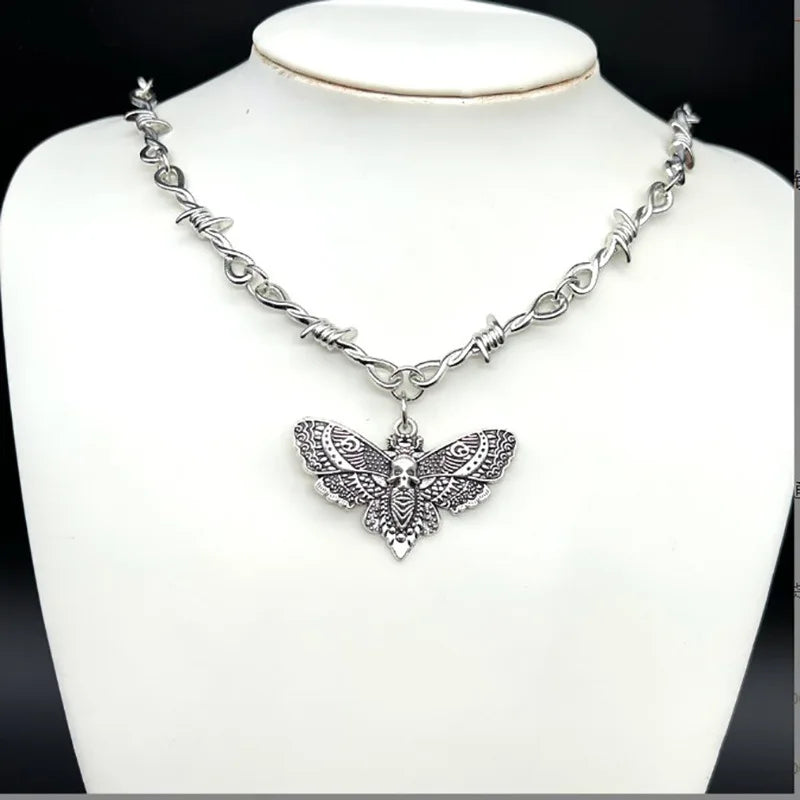 Moth Skull Barbed Wire Cross Choker — Stainless Steel