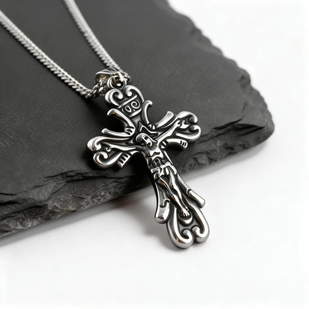 Gothic Cross Necklace for Men,Retro Grey Stainless Steel Crucifix Pendant Necklace,Vintage Punk Jewelry Gift