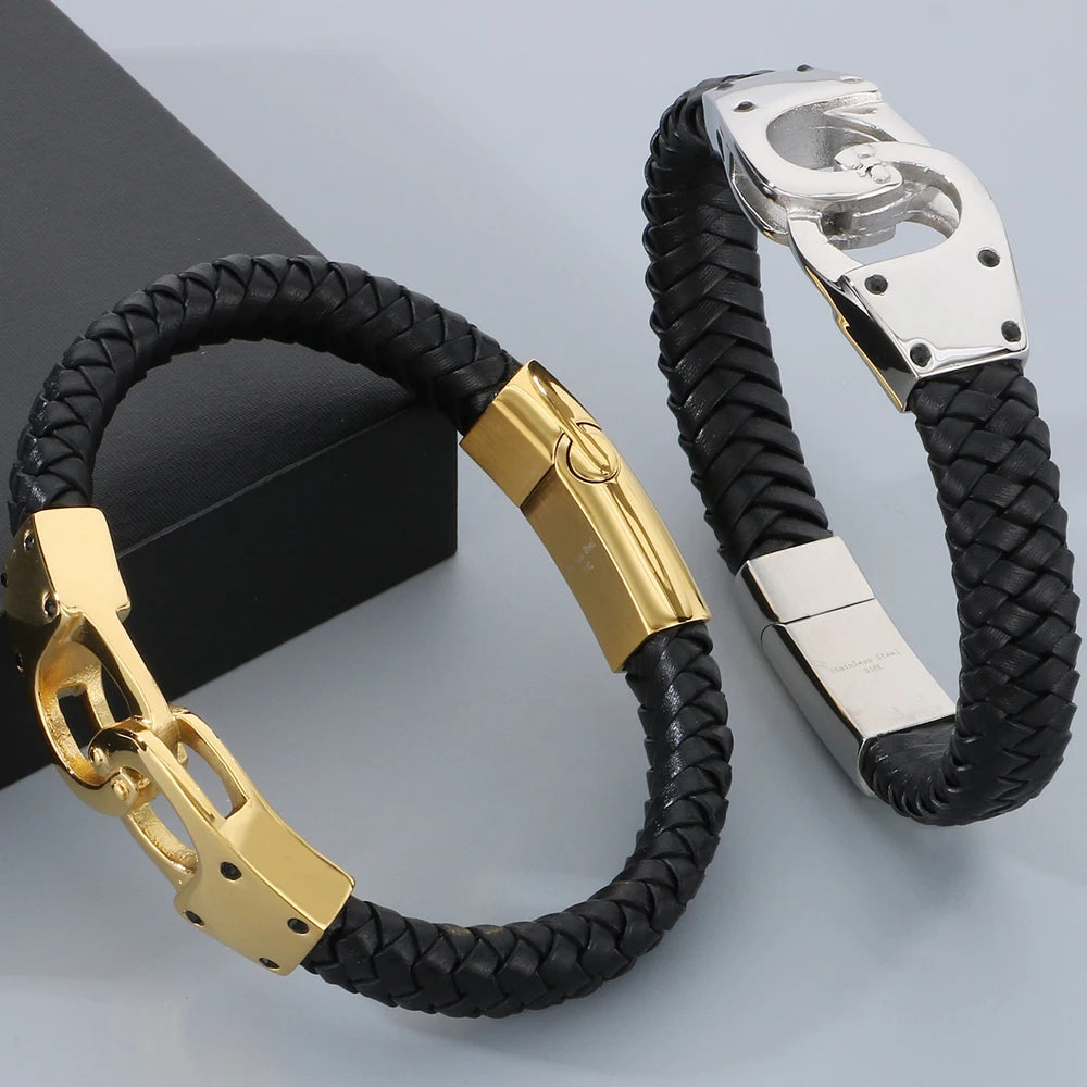 Braided Leather Handcuffs Style Men's Wrap Bracelet Stainless Steel Charm Bracelet for Men Gold Color Jewelry Logo