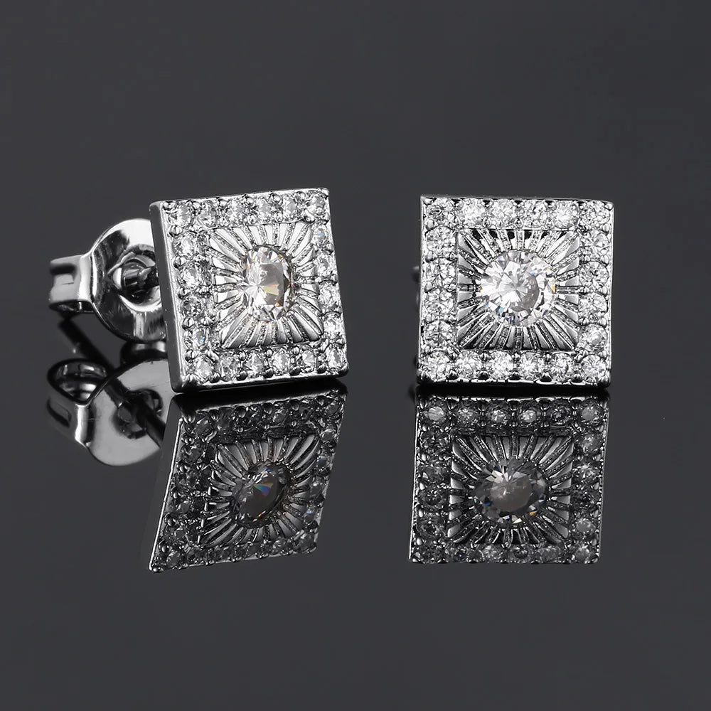 Silver Iced Out Square Stud Earrings CZ