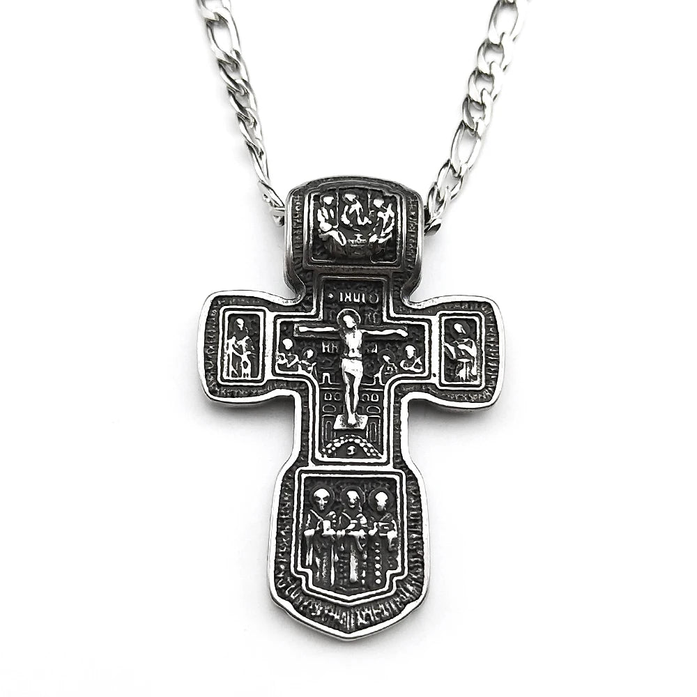 Jesus Crucifix Cross Orthodox Necklace for Women Men Stainless Steel Christian Believer Chain Necklace Vintage Charm