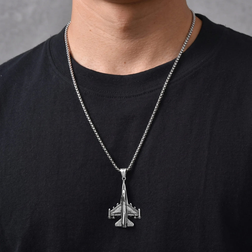 Fighter Jet Pendant Necklace Airplane Aviation — Stainless Steel