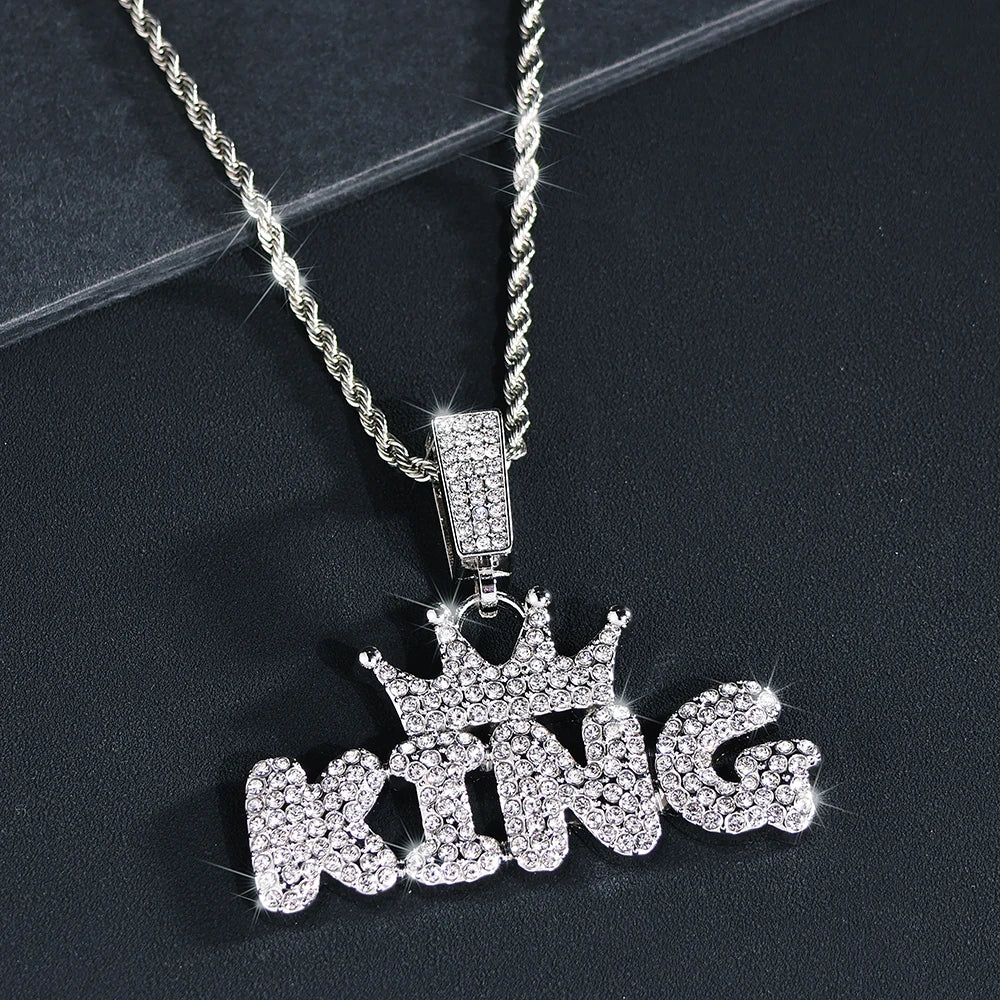 Fashion Hip Hop Crown with KING Pendant Necklace For Men Crystal Cuban Chain Iced Out Bling Hiphop Necklaces Rock Biker