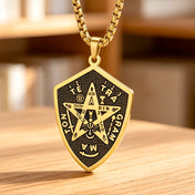 Tetragrammaton Pentagram Shield Amulet Necklace — Stainless Steel