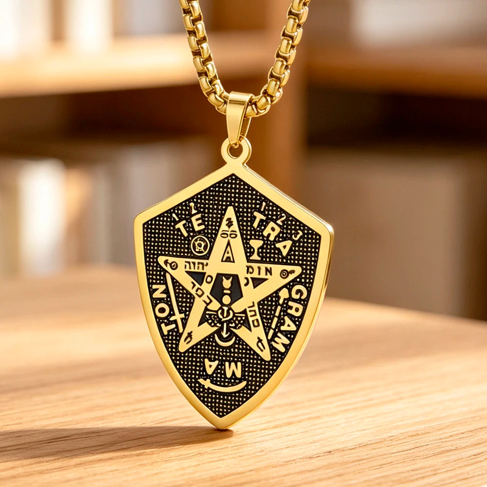 Tetragrammaton Shield Men Necklace Pentagram Protection Amulet Magical Healing Symbol Stainless Steel Wiccan Jewelry