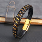 New Fashion 8mm Chain Curb Cuban Link Charm Leather Bracelets Men Stainless Steel Magnet Clasp Hand Bracelet Homme