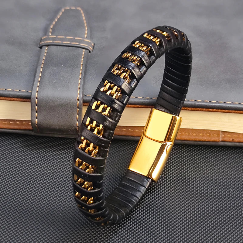 New Fashion 8mm Chain Curb Cuban Link Charm Leather Bracelets Men Stainless Steel Magnet Clasp Hand Bracelet Homme