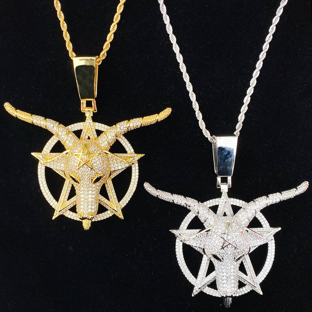 Aokaishen Iced Out Goat Star Circle Necklace Pendant for Men Real Gold Plated Cubic Zirconia Hip Hop Jewelry