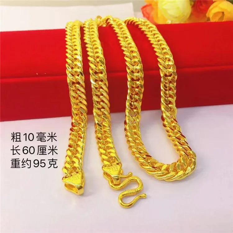 Unisex 24K AU999 Gold 10MM 60CM Twisted Polished Sideways Boss Chain Bold Men's Neckpiece with Peace Lucky Buckle