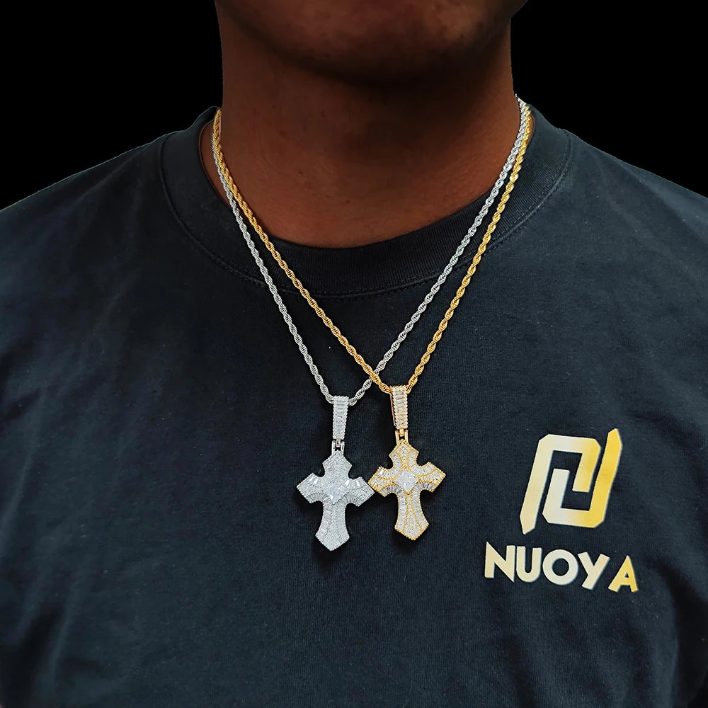 Iced Out Cross Pendant Necklace CZ Rectangle