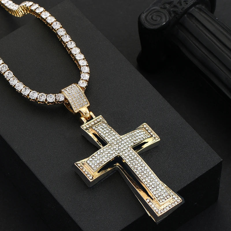 Hip Hop Mens Womens Large Cross Pendant Necklace with 4mm Tennis Chain HipHop Iced Out Bling Necklaces Fashion Charm