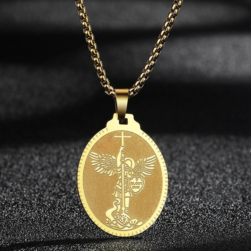 QIMING Dainty Saint George Pendant Necklace For Men Stainless Steel Warrior St. George's Dragon Medallion Mythology