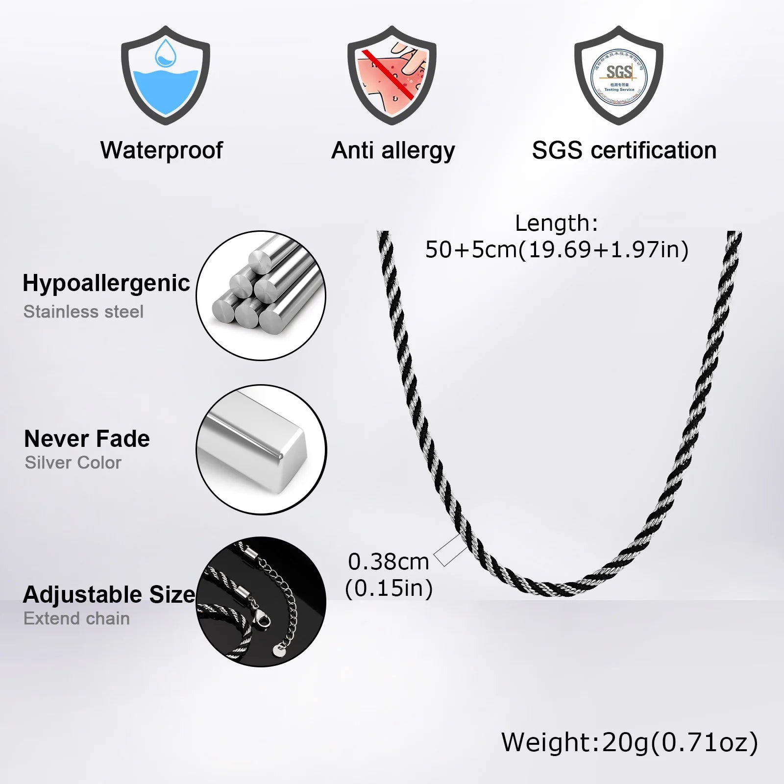 Vnox 3.8mm Rope Chain Necklaces for Men, Stainless Steel Adjustable Twisted Sigapore Link Choker, Casual Punk Rock Male Collar﻿