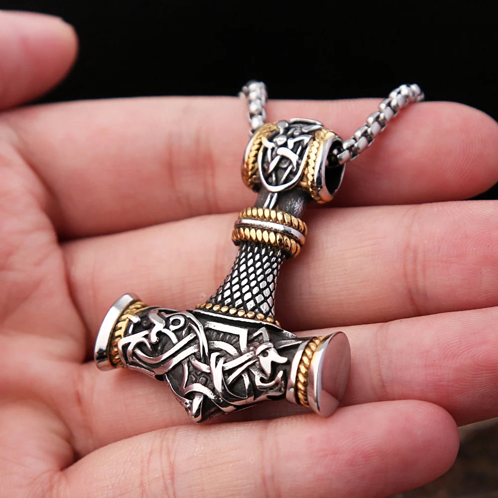 Norse Vikings Stainless Steel Thor's Hammer Mjolnir Scandinavian Rune Amulet Necklace Chain Vegvisir Anchor Pendant Male Jewelry