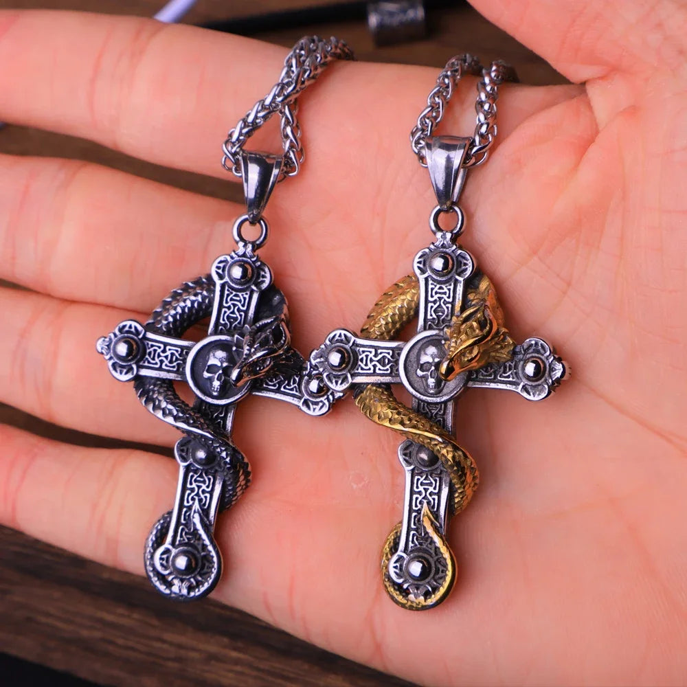Gothic Skull Cross Dragon Pendant Necklace — Stainless Steel