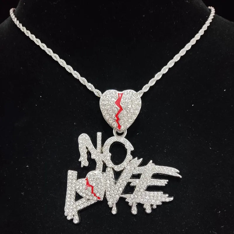 Men Women Hip Hop No Love Heart Pendant Necklace with 14mm Cuban Chain HipHop Iced Out Bling Hiphop Necklaces Fashion