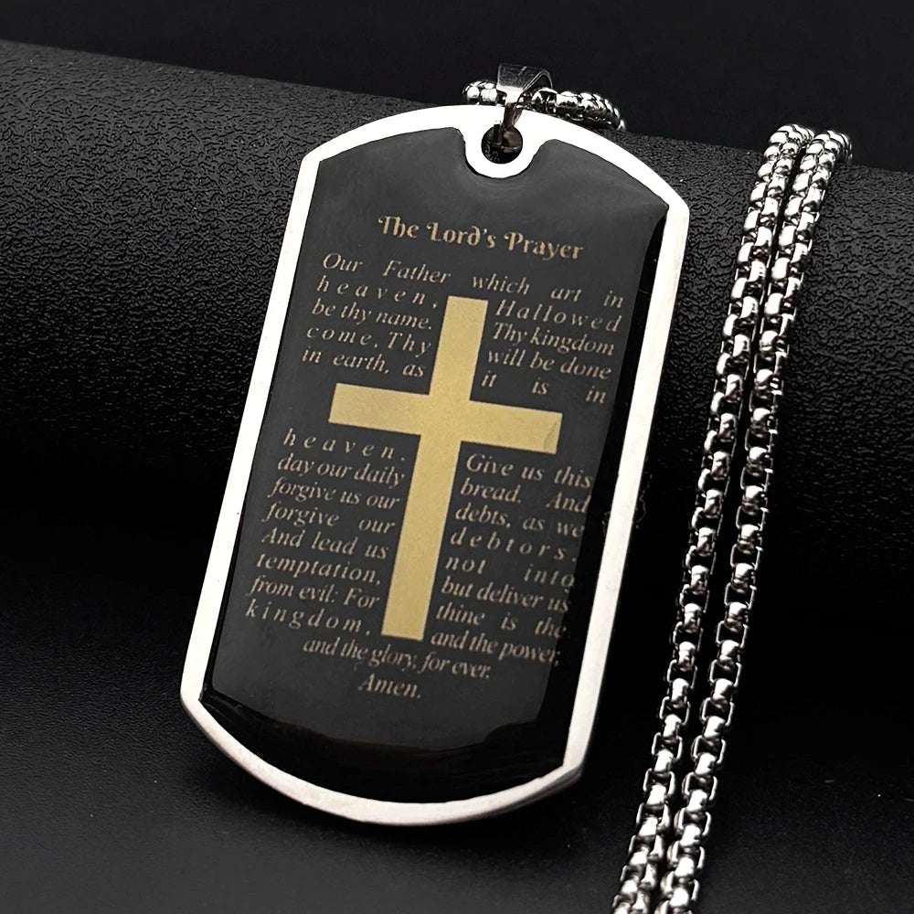 Lord's Prayer Our Father Glass Cross Necklace — Stainless Steel