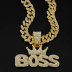 Men's Cool Hip-hop Rhinestone Letter BOSS Pendant Necklace, For Men Fashion Iced Out Bling Zircon Cuban Thick Chain