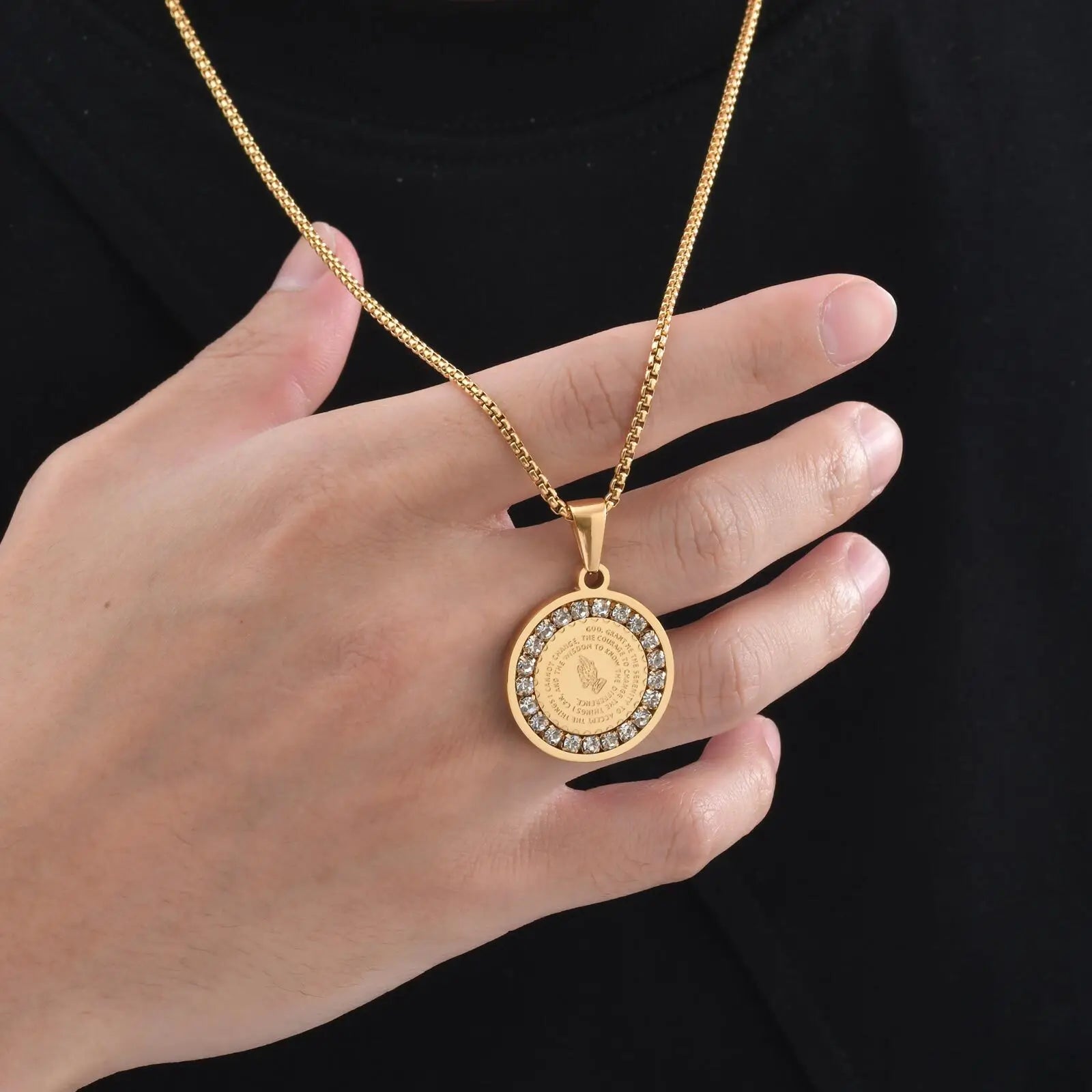 Iced Out Prayer Coin Pendant Necklace — Stainless Steel
