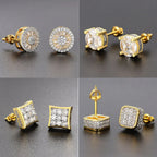 Iced Out Round Square Stud Earrings — Gold
