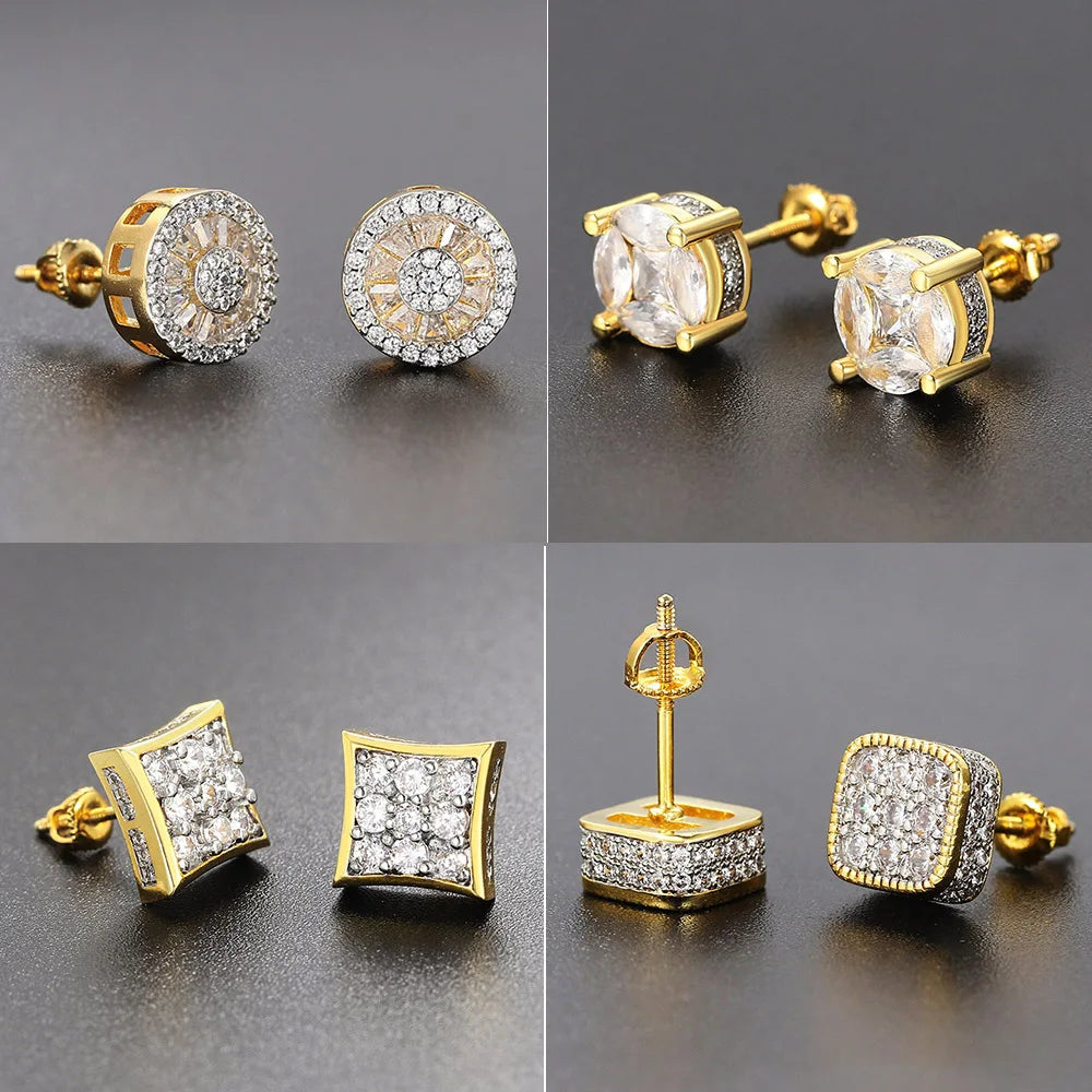 Iced Out Round Square Stud Earrings — Gold
