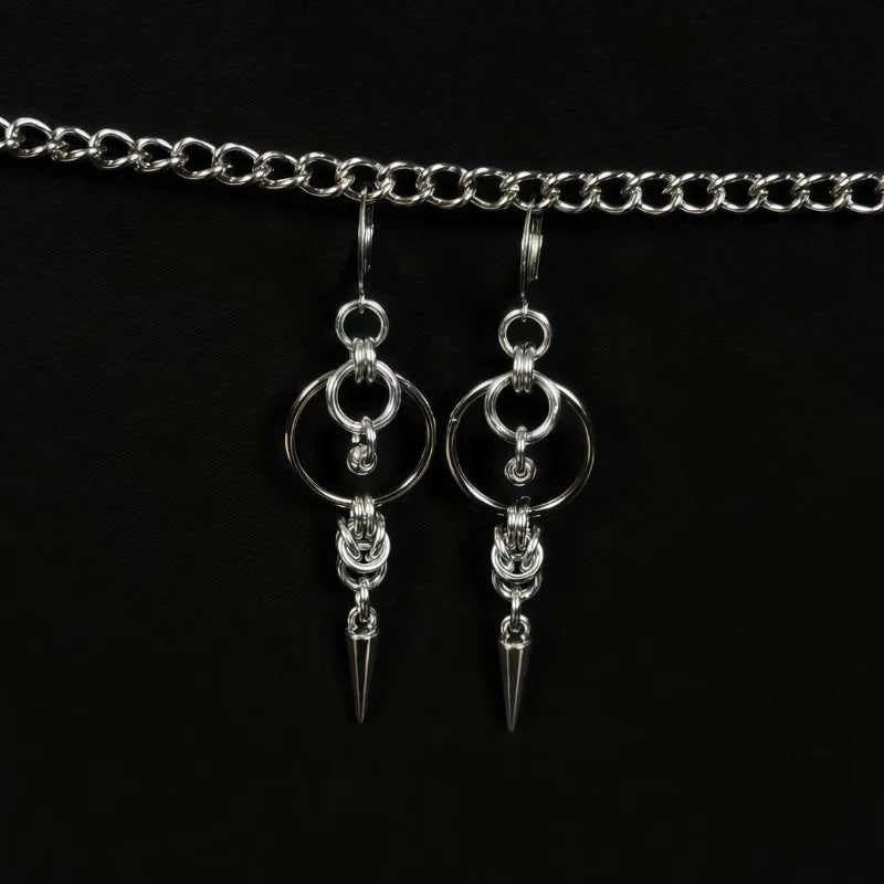 Silver-Tone Spike Rivet Tassel Double Circle Dangle Earrings