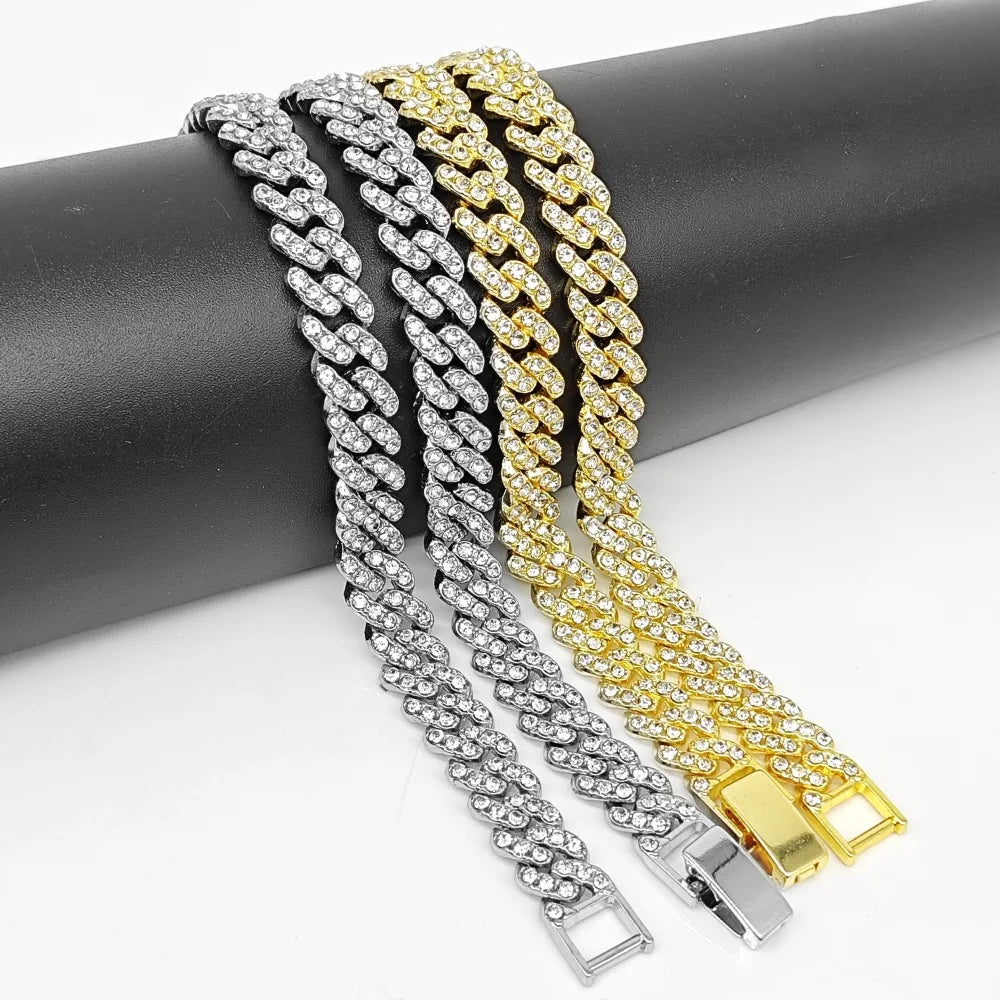 New 9MM Hip Hop Men Women Prong Cuban Link Chain Necklace Bling Iced Out 1 Row Rhinestone Paved Miami Cuban Chain