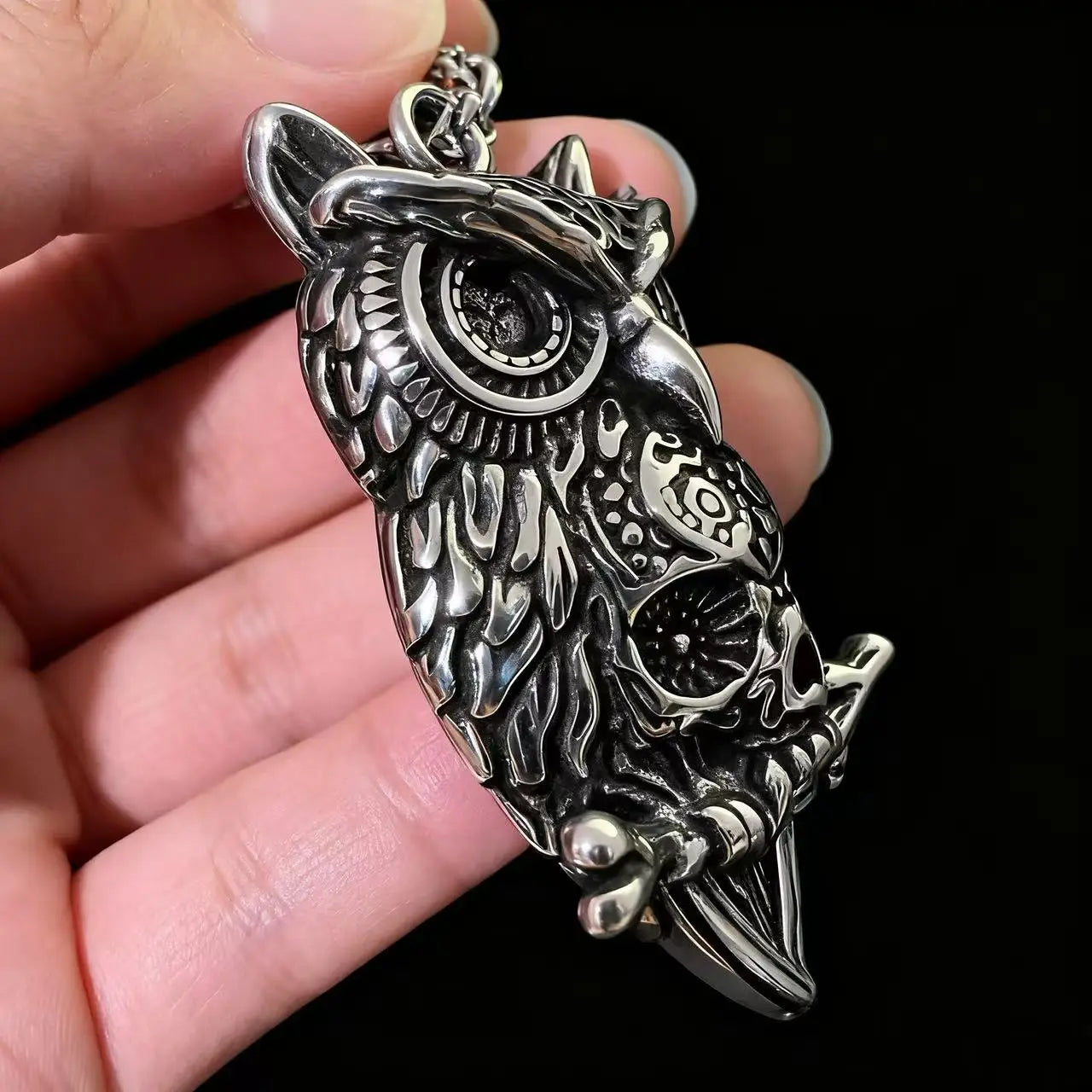 Gothic Skull Steel Pendant 316L Owl Punk