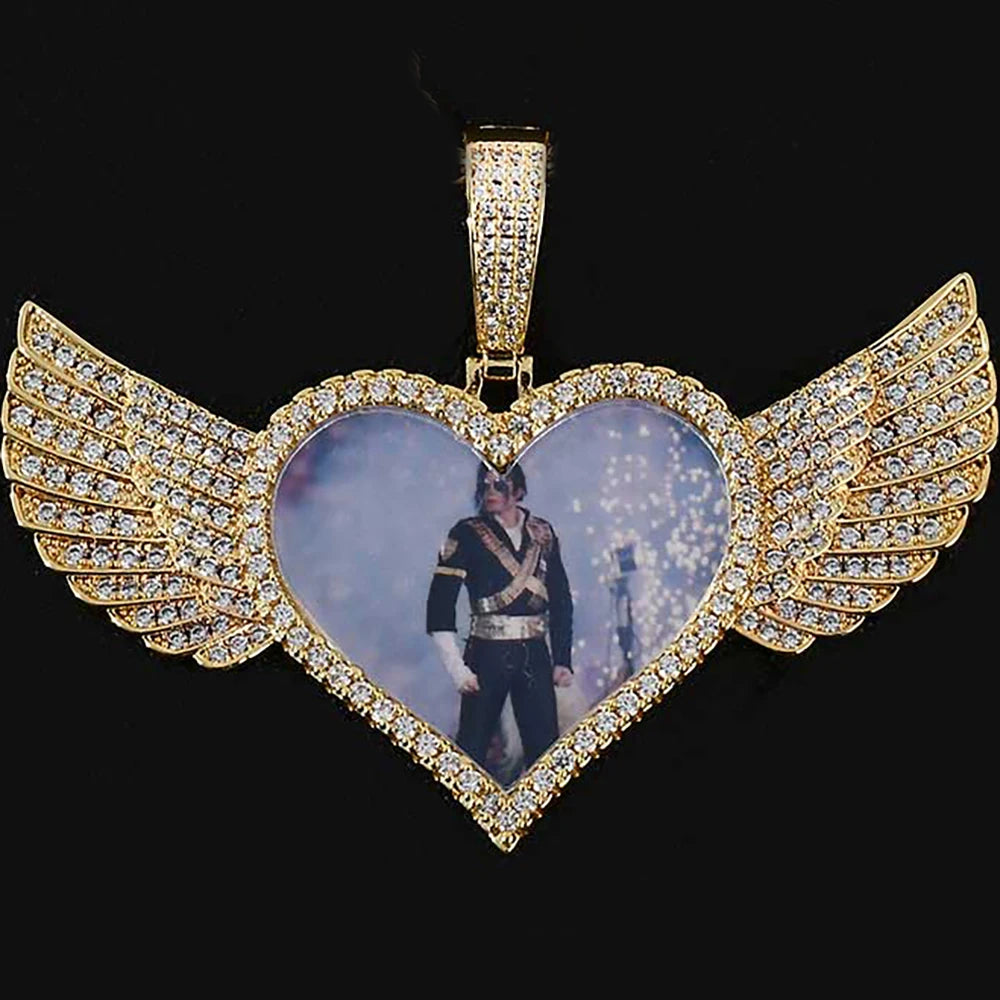 Angel Wings Photo Pendant Necklace Iced Out