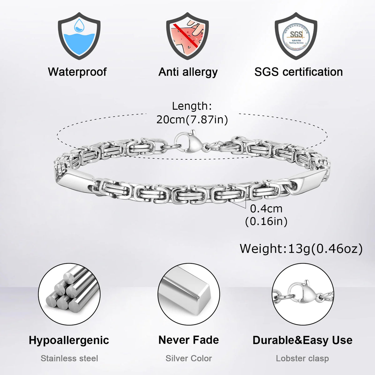 4mm Boys Byzantine Bracelets,Creative Splicing Link Chain Wristband for Men, Cool Stainless Steel Jewelry Gift