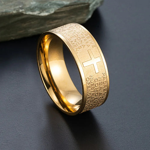 7mm Tone Spanish Golden The Holy Bible Prayer Cross Ring Stainless Steel Rings